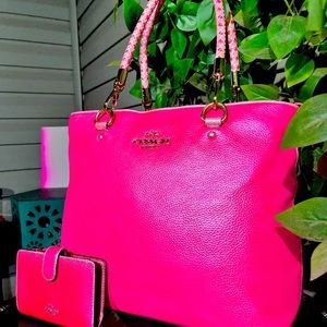 PEARLESCENT NEON & Light Pink Leather Large Coach Purse & Wallet